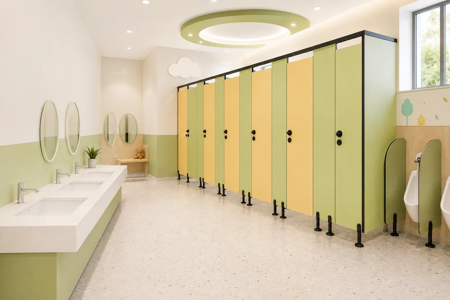 Text-free school washroom partition scene