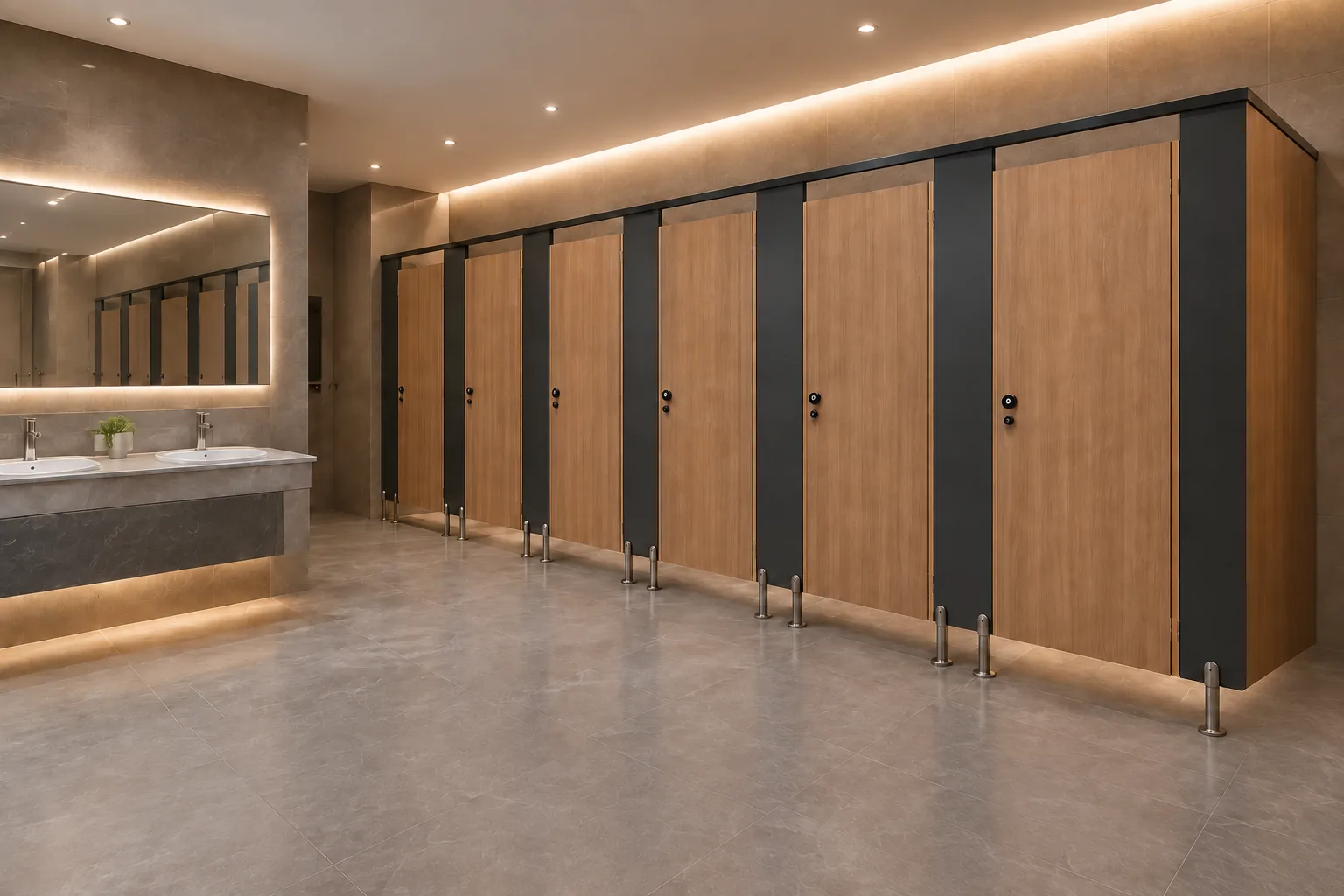 Commercial washroom with corrected toilet partition support layout
