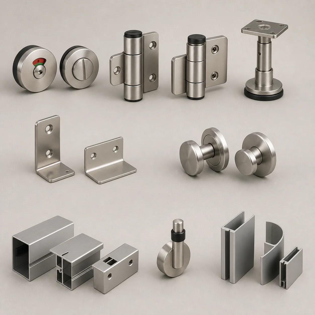 Complete toilet partition hardware collection without an unrelated pull handle